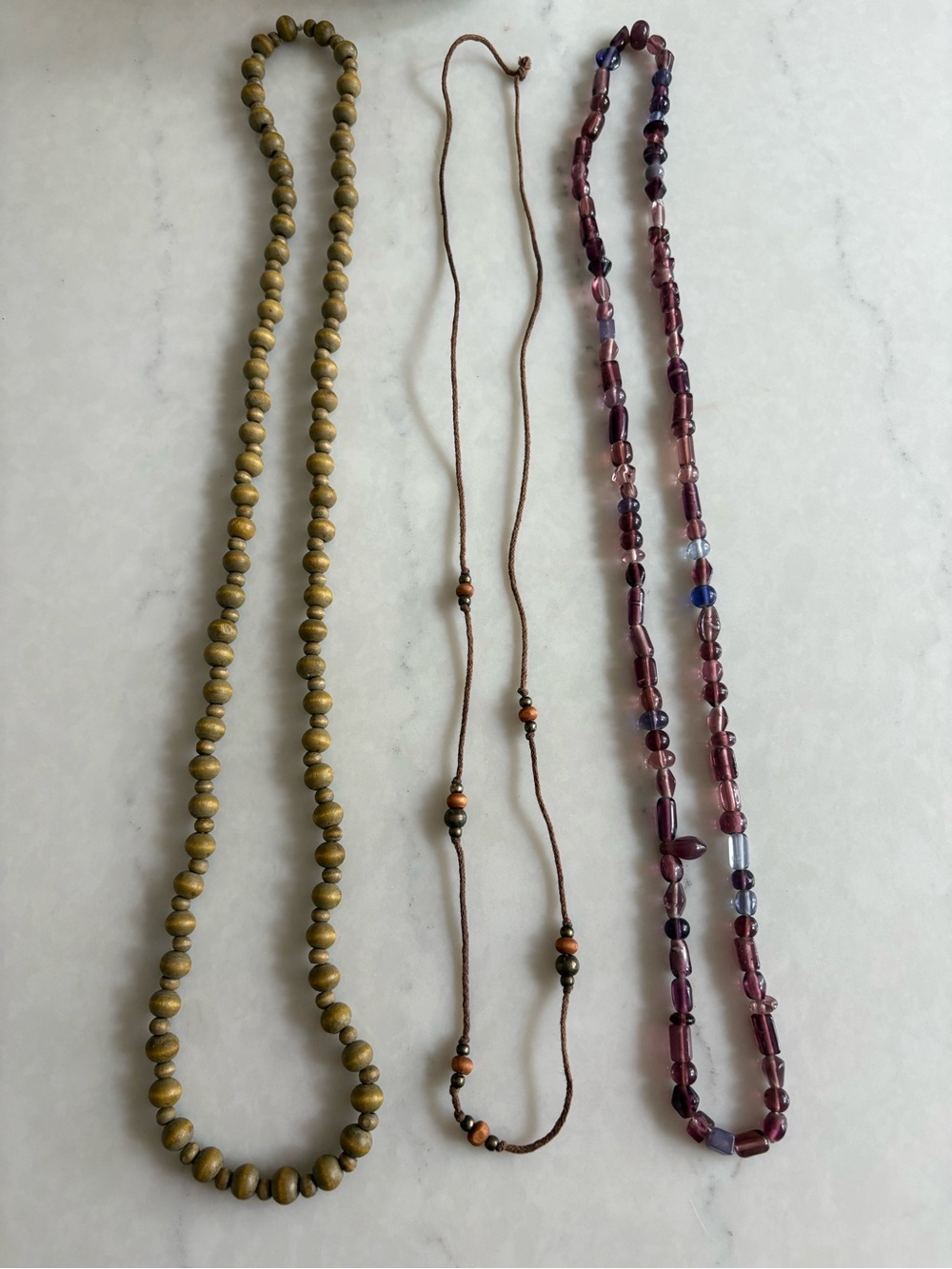 Handmade Beaded Necklaces in Olive Green, Brown & Plum - Set of 3